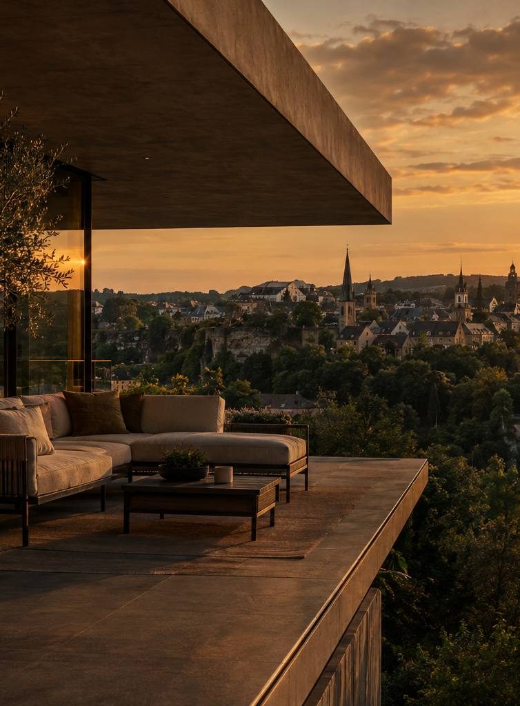 Terrasse contemporaine surplombant la ville au coucher du soleil