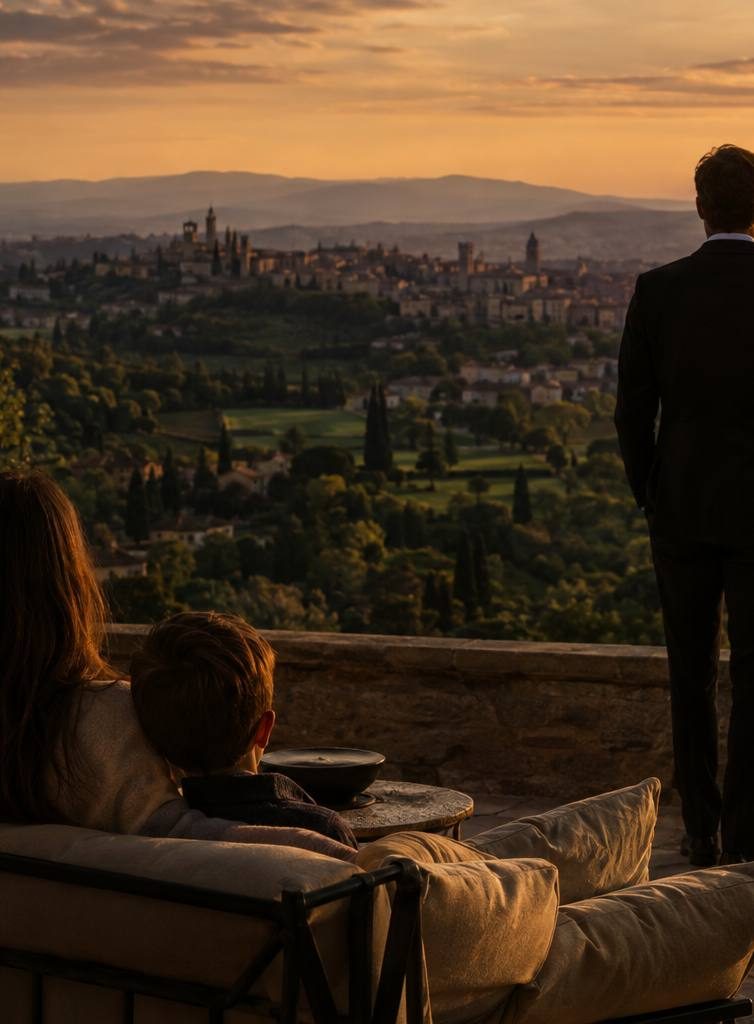 Dirigeant et sa famille contemplant un paysage de collines au couchant