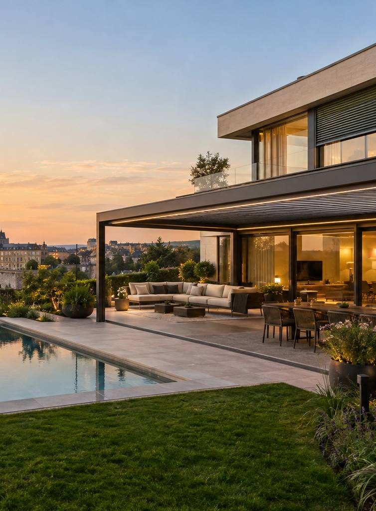 Villa contemporaine avec terrasse et piscine au crépuscule